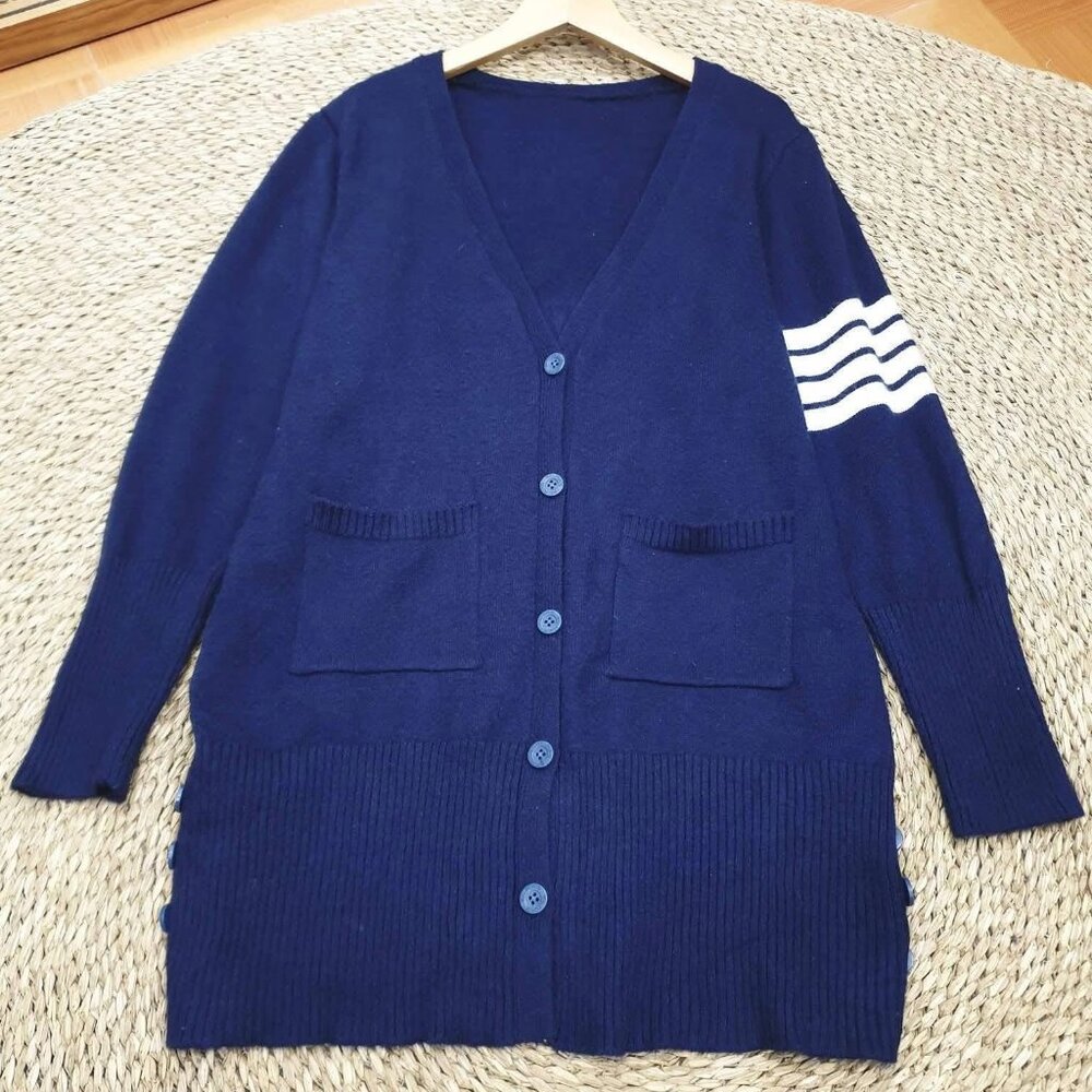 Navy Blue Stripe Sleeve Longline Button Cardigan Preppy Knit Sweater